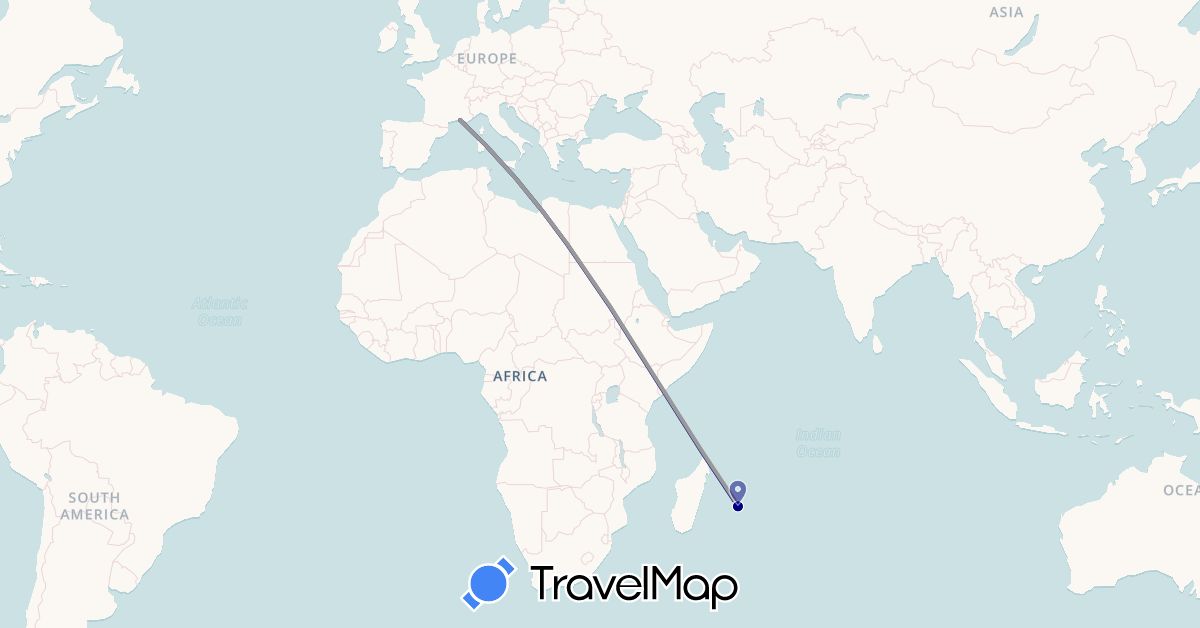 TravelMap itinerary: driving, plane, hiking in France, Réunion (Africa, Europe)